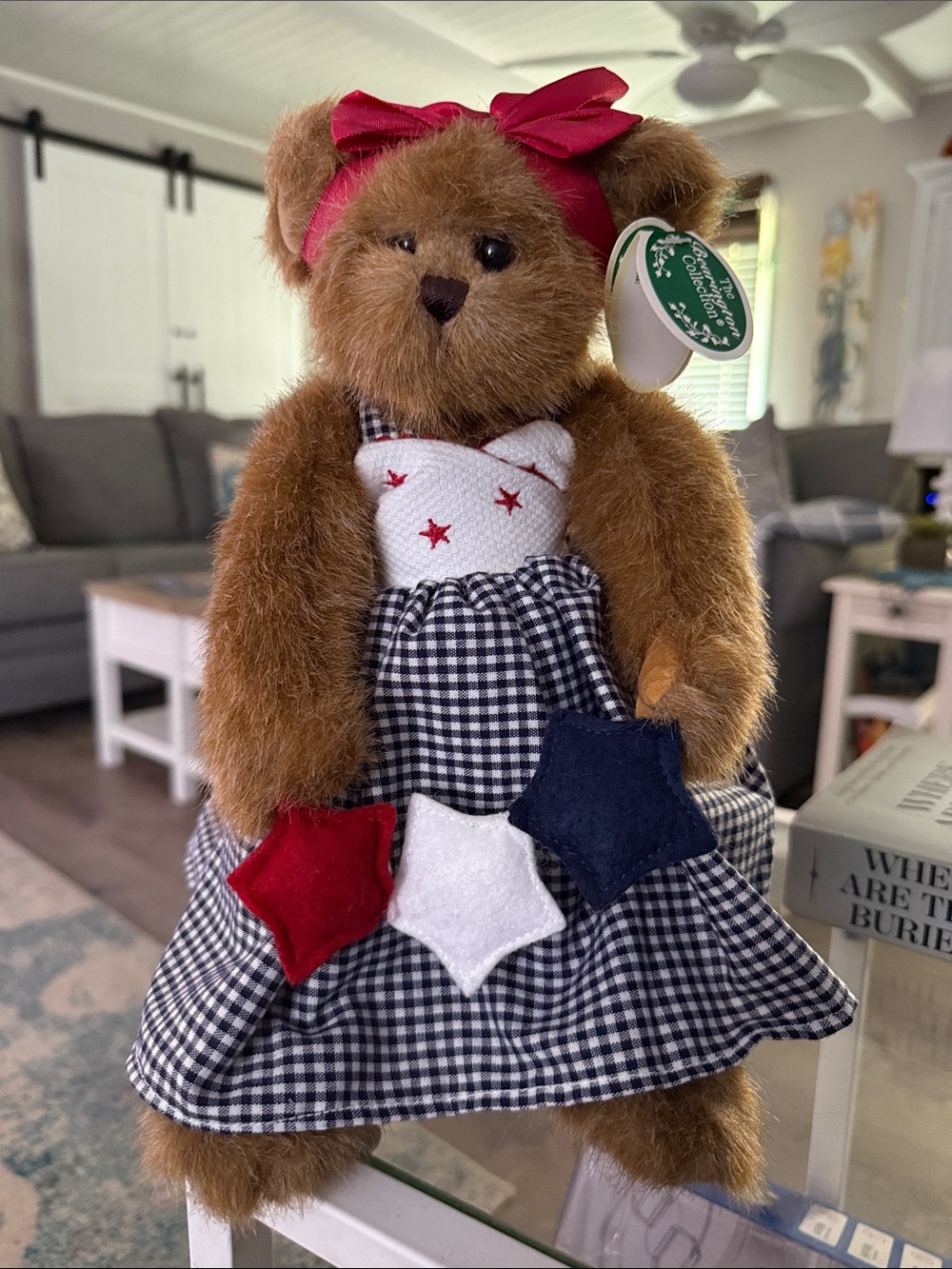 Plush Brown Bear with Patriotic Gingham Dress and Red Bow